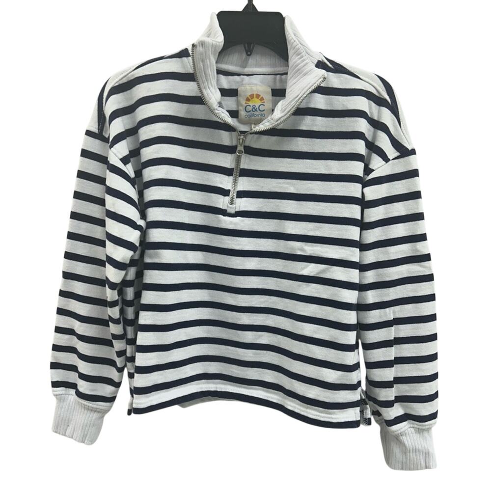 C&C California Navy & White Striped Quarter-Zip Cropped Pullover Size L